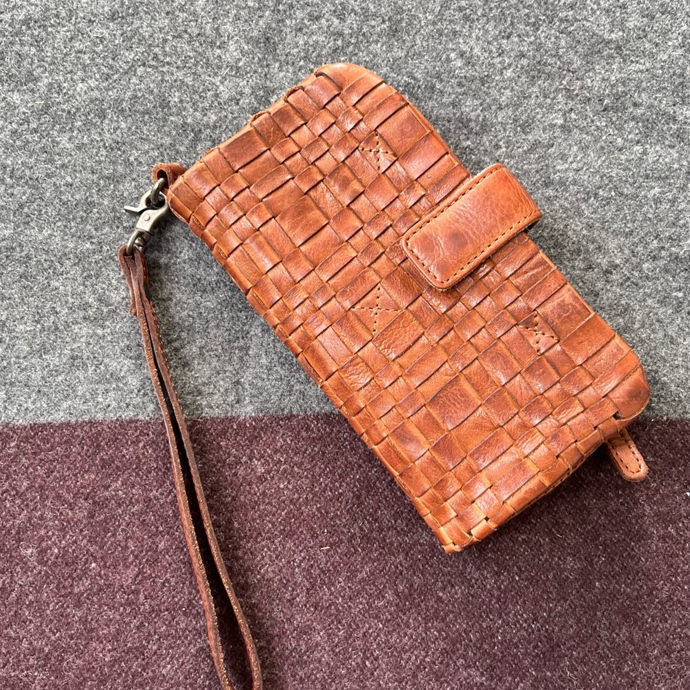 Leather Camel Basketweave Clutch Wallet